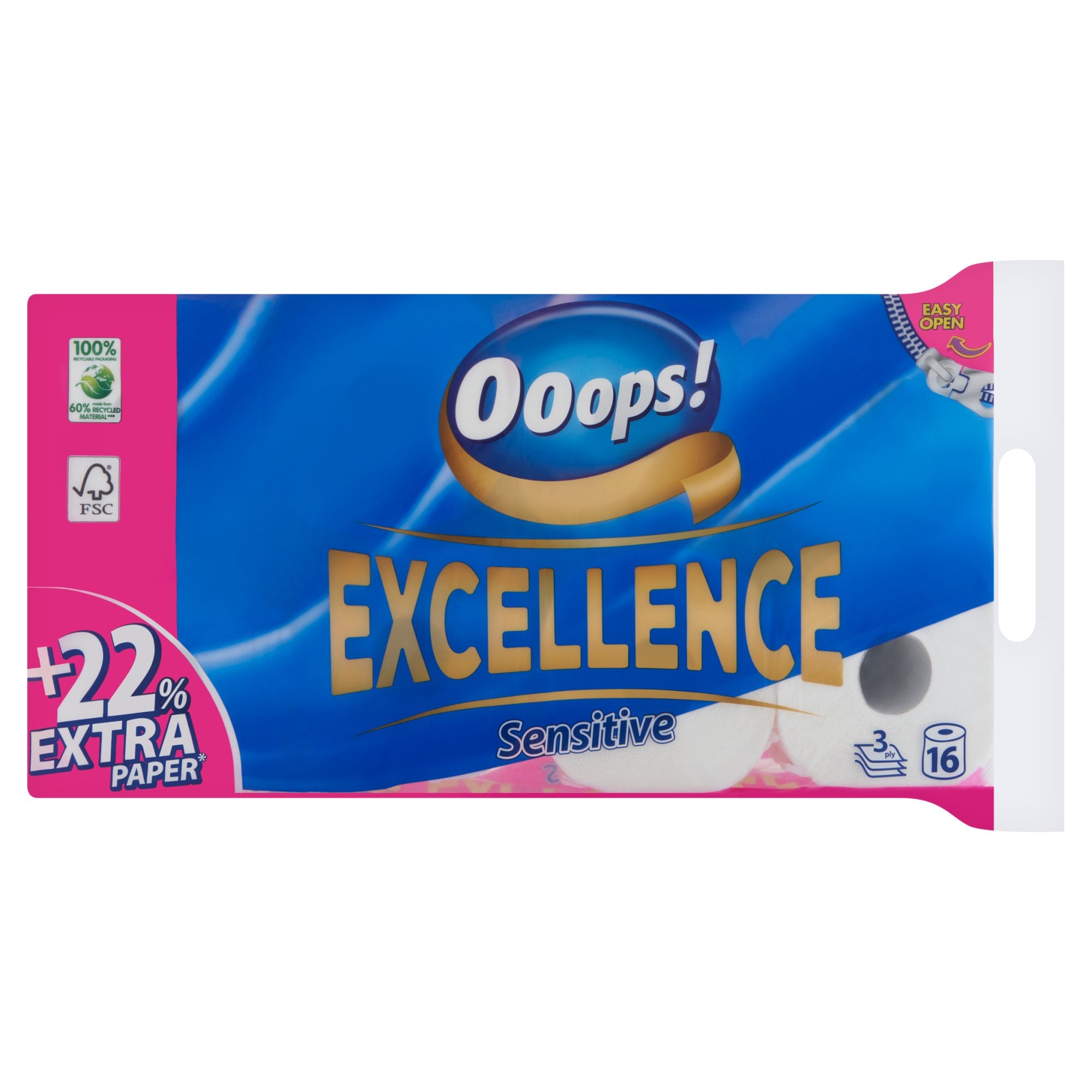 Ooops! Excellence Sensitive 3 rétegű toalettpapír 16 tekercs