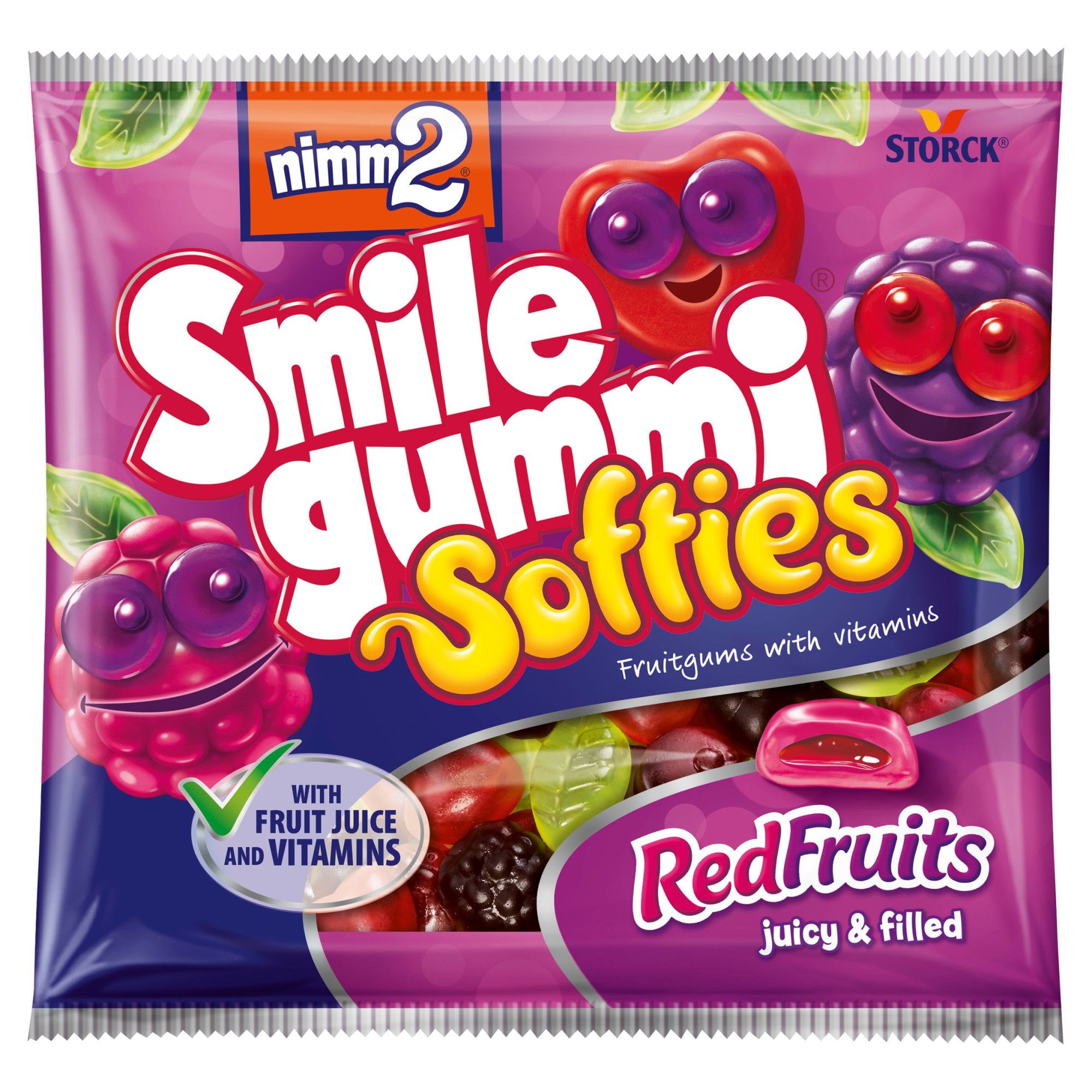 nimm2 Smilegummi Softies Red Fruits Puha vegyes gyümölcsízű töltött gumicukor hozzáadott vitaminnal