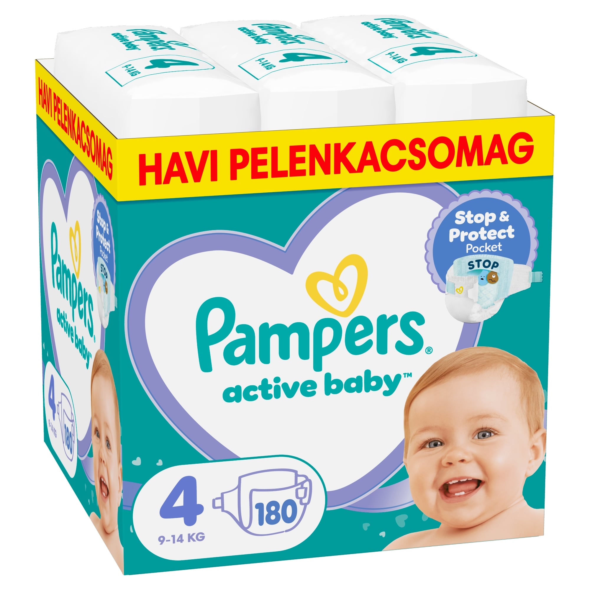 Pampers Active Baby Pelenka, Havi Pelenkacsomag, Méret: 4 (9-14 kg) 180 db