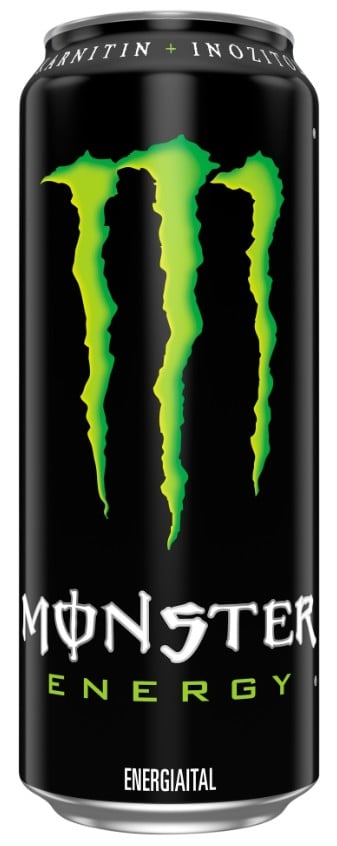 Monster Energy szénsavas ital koffeinnel, B-vitaminokkal, cukrokkal és édesítőszerekkel