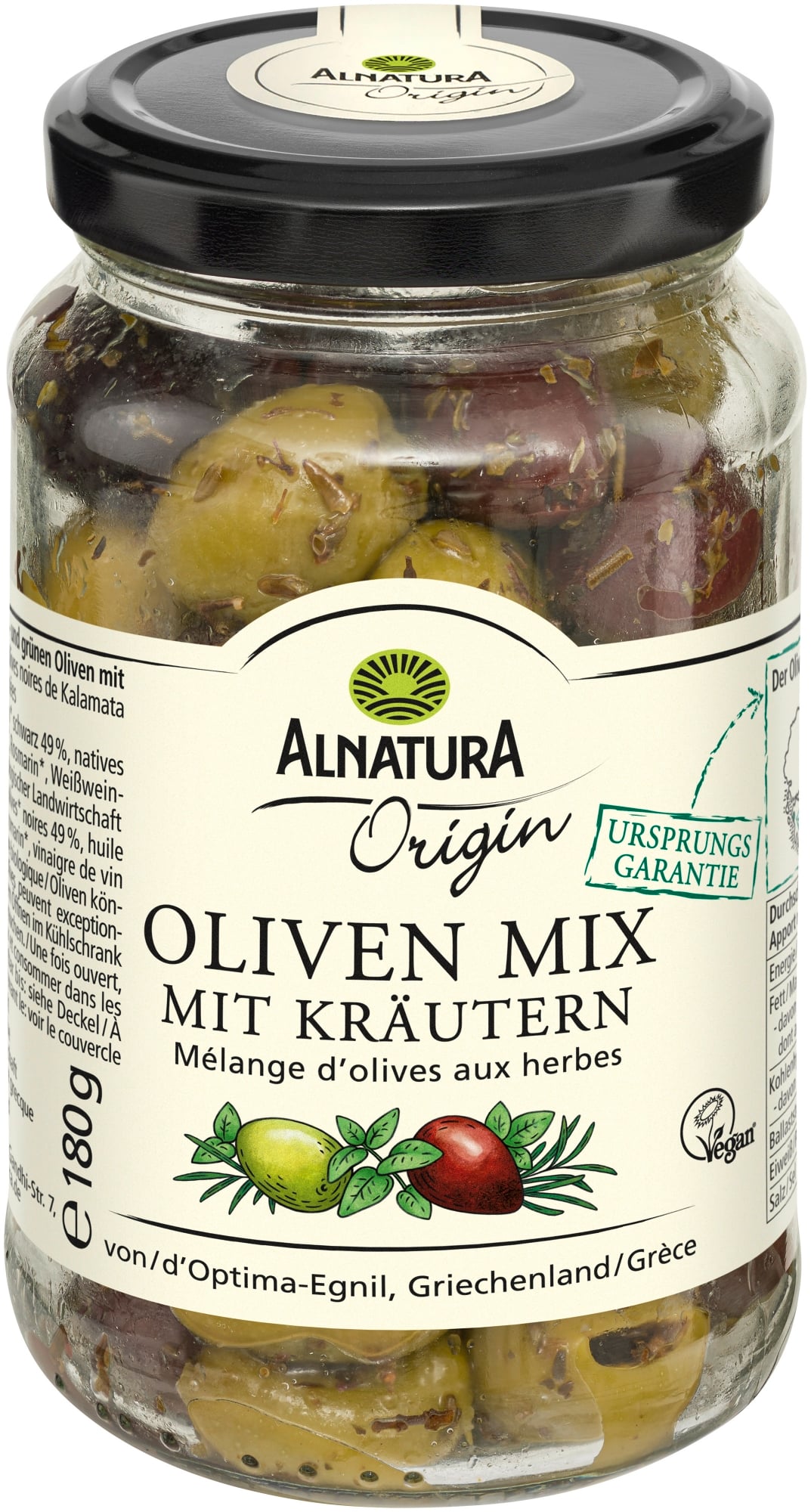 Alnatura BIO Fekete Kalamata olívabogyó és zöld olívabogyó keveréke, zöldfűszerekkel, mag nélkül
