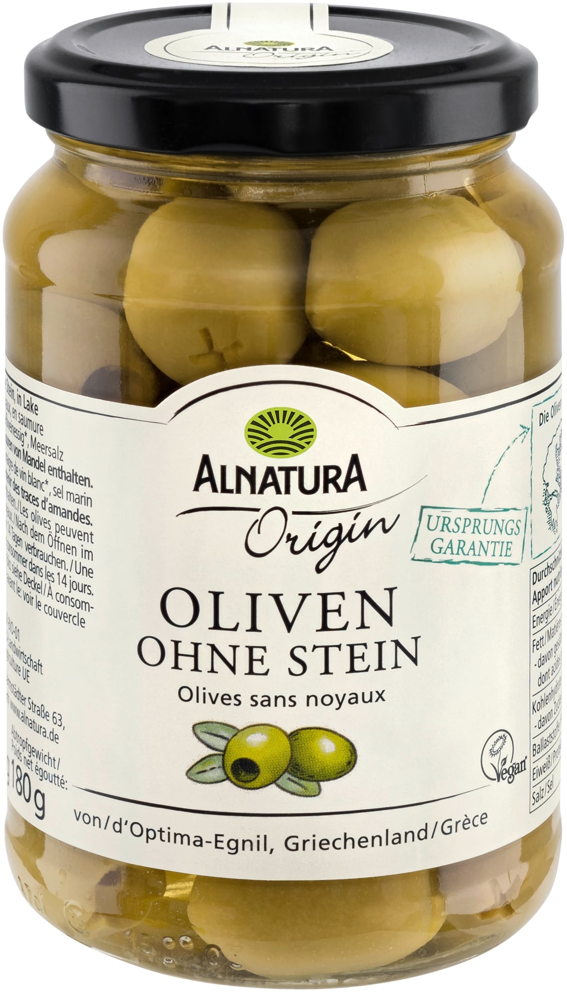 Alnatura BIO Zöld olívabogyó, mag nélkül, ecetes és sós lében (350 g)