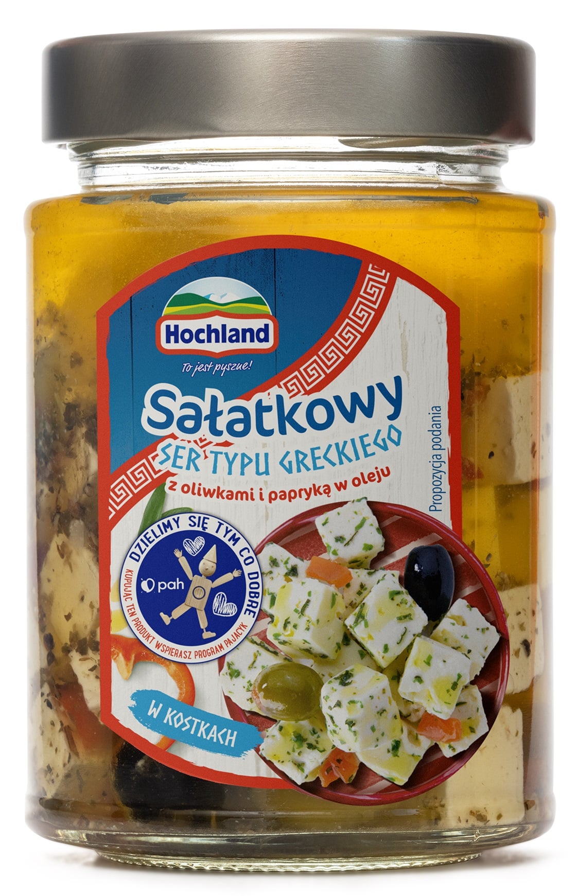 Hochland Saláta sajt, görög stílusú olajbogyóval és paprikával olajban, kockázva