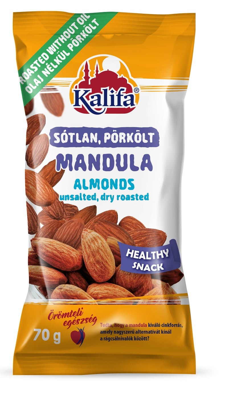 Kalifa mandula sótlan, pörkölt (szárazon, olaj nélkül pörkölt)
