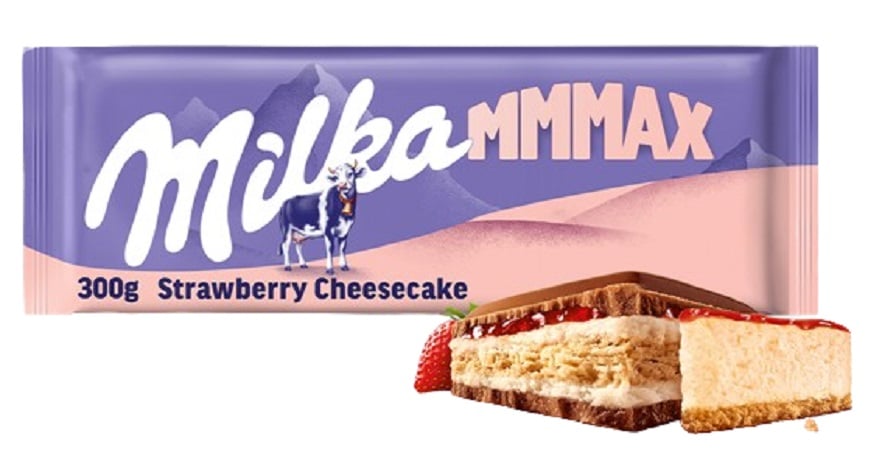 Milka MMMAX Alpesi tejcsokoládé sajttortaizű krémtöltelékkel, epres töltelékkel és keksszel