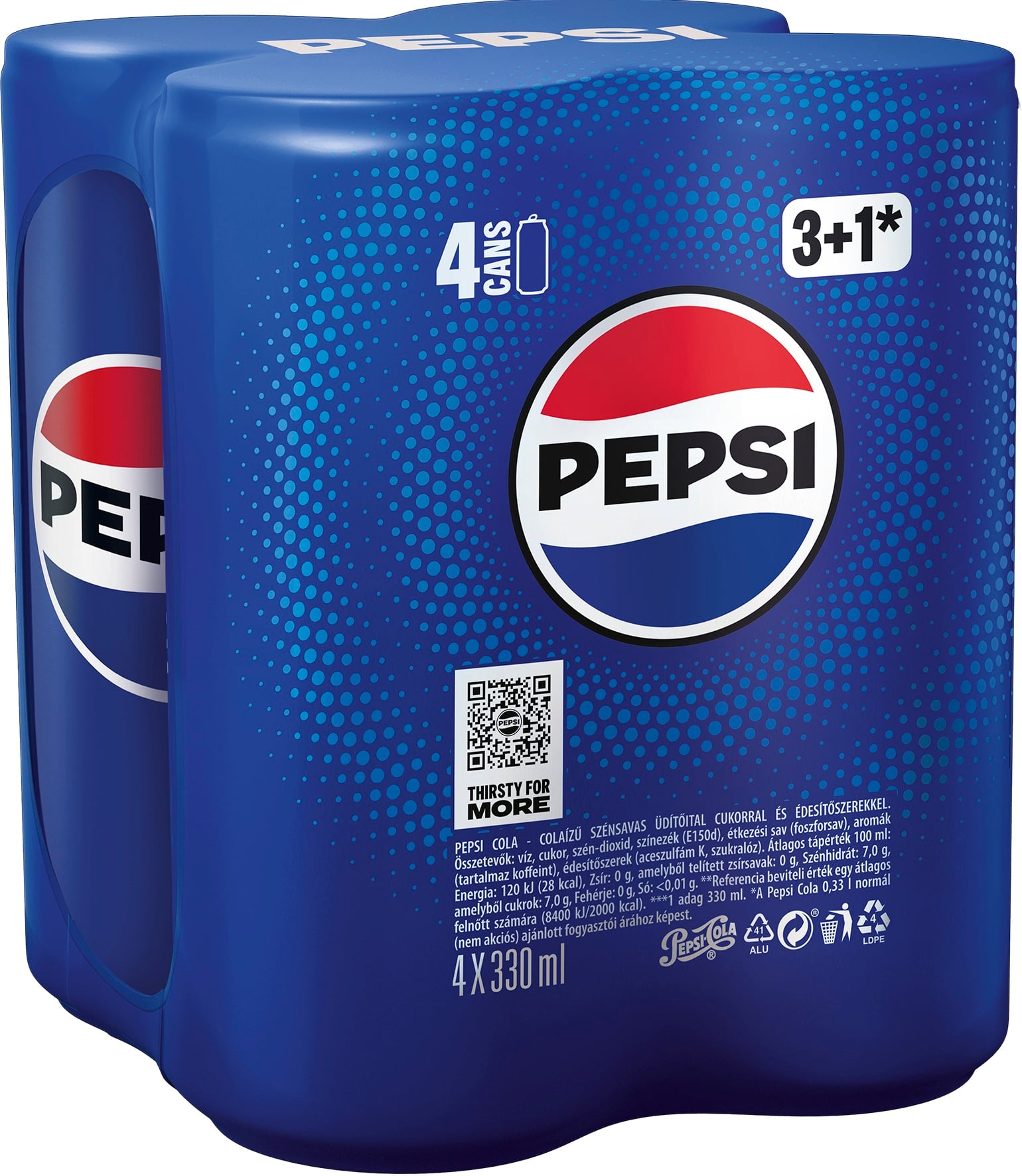 Pepsi colaízű szénsavas üdítőital, cukorral és édesítőszerekkel 4x330ml