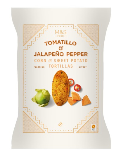 Marks & Spencer Kukorica, szárított édesburgonya és szárított jalapeño paprika tortilla, szárított paradicsom és fűszerkeverék ízesítéssel