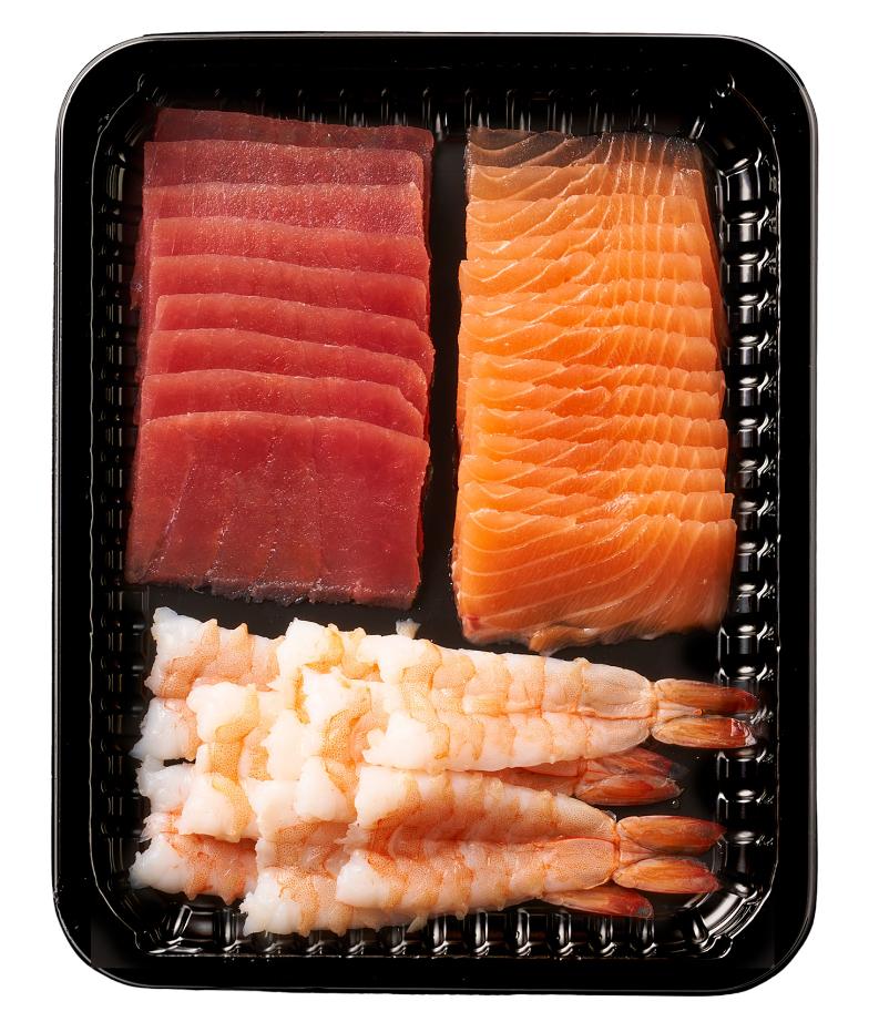Oceans Sushi csomag 3 (lazac és tonhal szeletek fehérlábú ostoros garnélával, Sashimi készítéséhez, Sushi adagok)