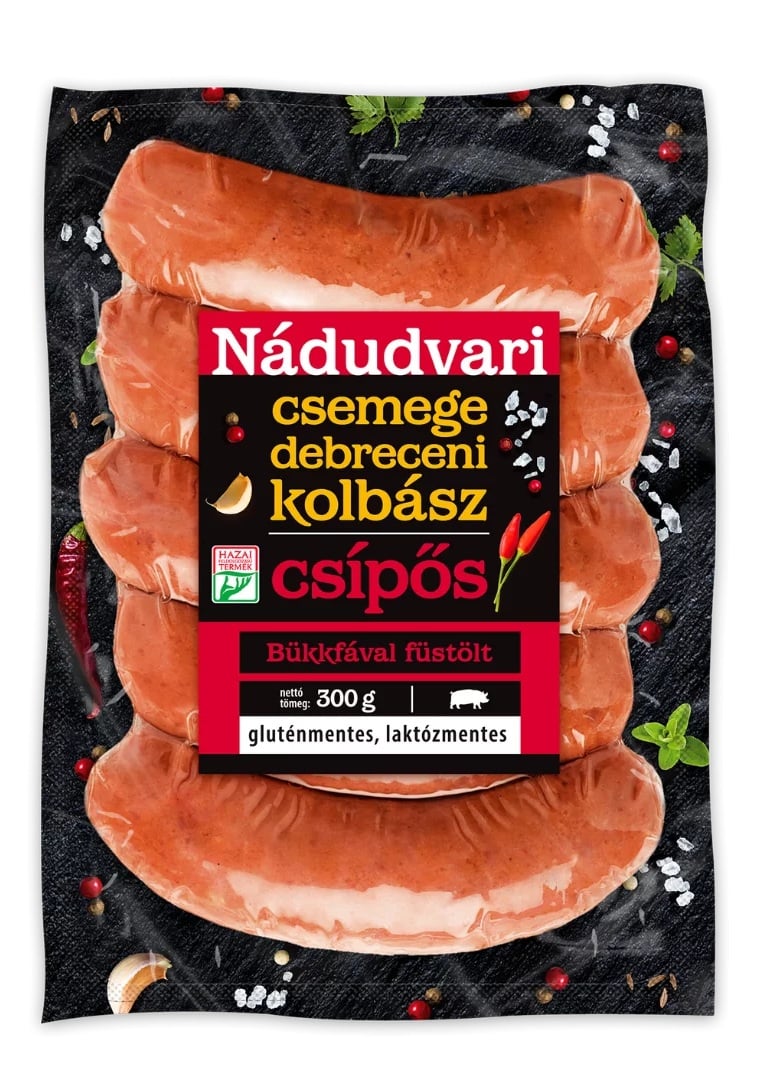 Nádudvari Erős Pistás csípős, füstölt sertés debreceni kolbász