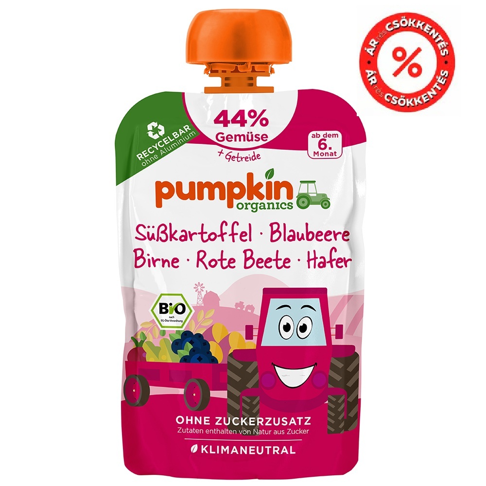 Pumpkin Organics Bio Édesburgonya áfonya körte cékla zabbal tasakos püré 6 hónapos kortól