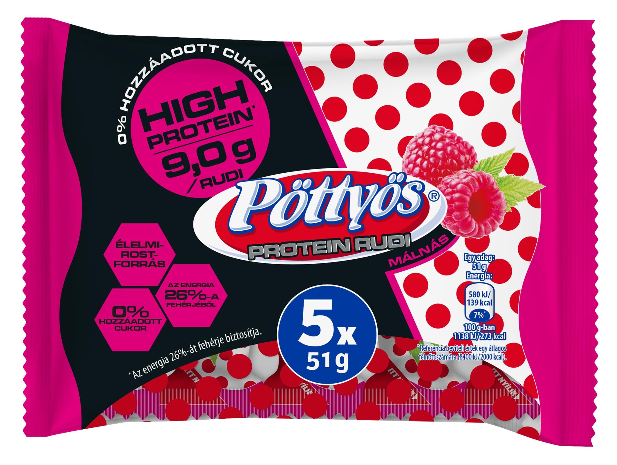 Pöttyös Málnás protein rudi (5×51G)