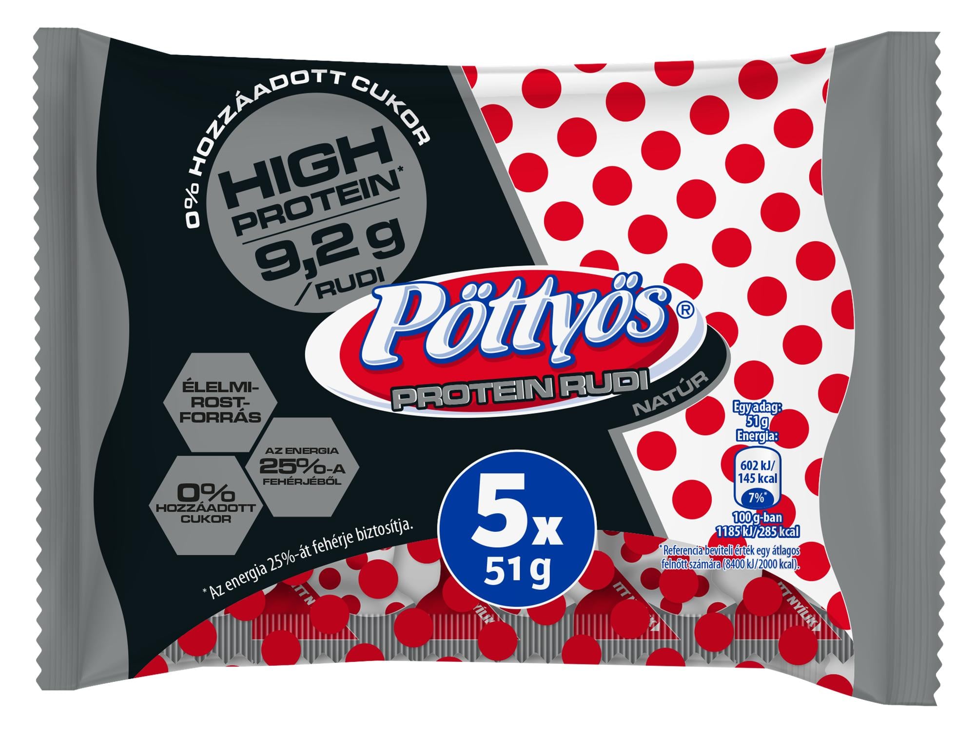 Pöttyös Natúr protein rudi 0% hozzáadott cukorral (5×51G)