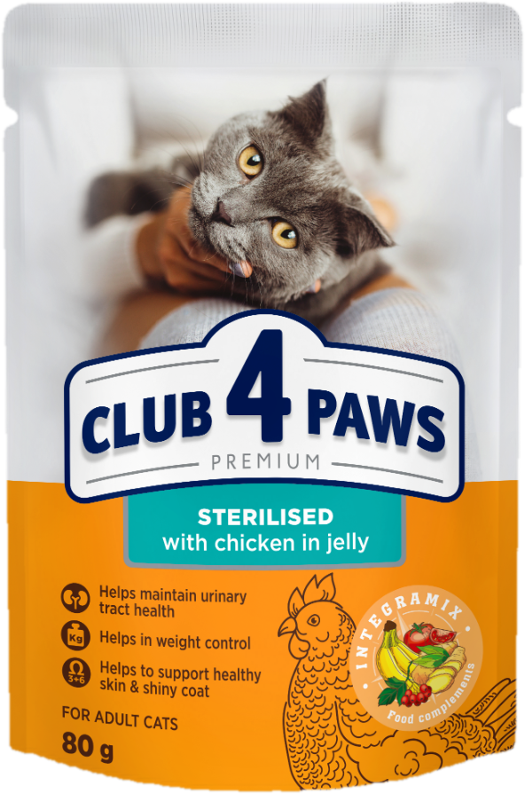 Club 4 Paws Premium teljes értékű nedves macskaeledel zselében sterilizált macskáknak, csirke 80 g
