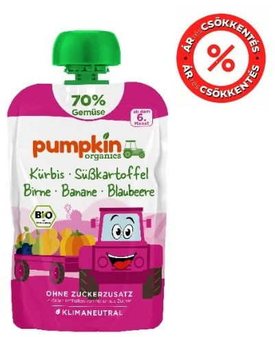 Pumpkin Organics Bio Sütőtök, édesburgonya, körte, banán, áfonya püré 6 hó+ (70%)