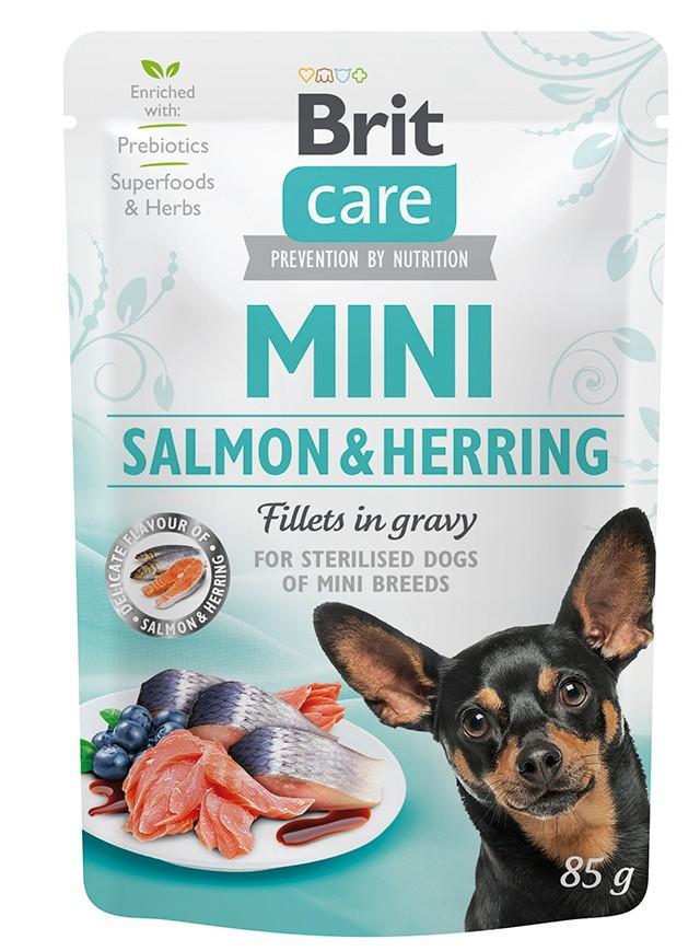 Brit Care Mini alutasakos nedves kutyatáp steril kutyáknak, lazac és hering filé szószban 85 g