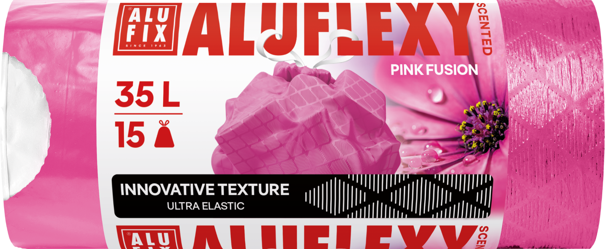 ALUFIX szemeteszsák zárószalaggal ALUFLEXY PINK FUSION LDPE, rózsaillatú 35 literes