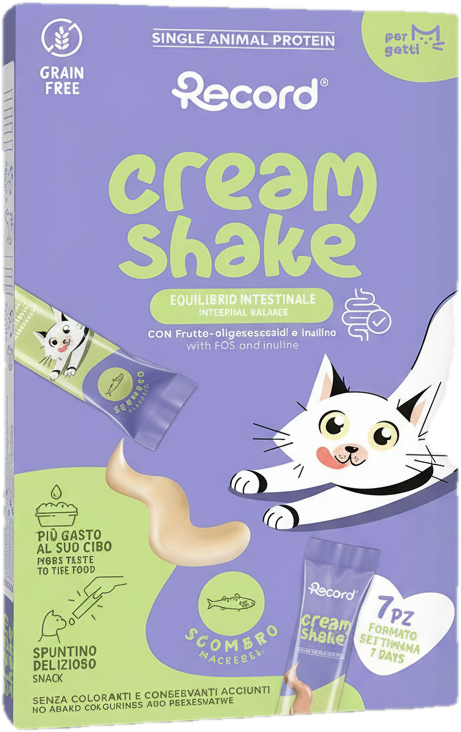 Record Cream Shake emésztést támogató jutalomfalat macskáknak, makréla 7×12 g