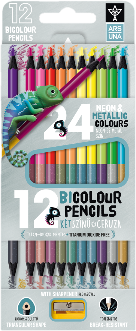 Ars Una 12/24 neon-metál bicolor, háromszögletű színes ceruzakészlet kétszínű véggel, hegyezővel