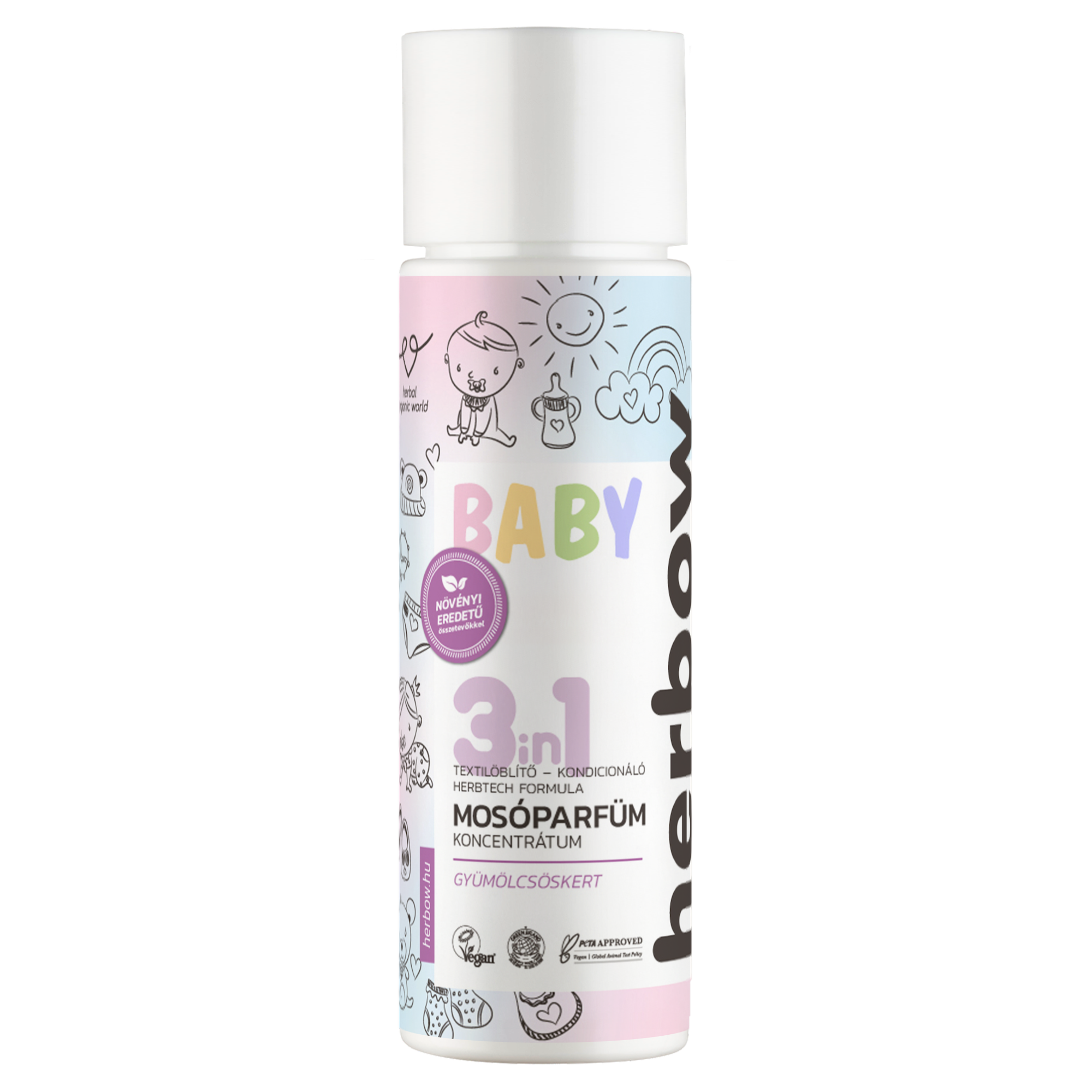 Herbow Bambinó 3in1 Öblítő és kondicionáló mosóparfüm koncentrátum Gyümölcsöskert málna illattal 200 ml