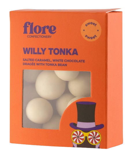 Flore Confectionery Willy Tonka drazsé: karamell, tonkababos fehér csokoládé drazsé
