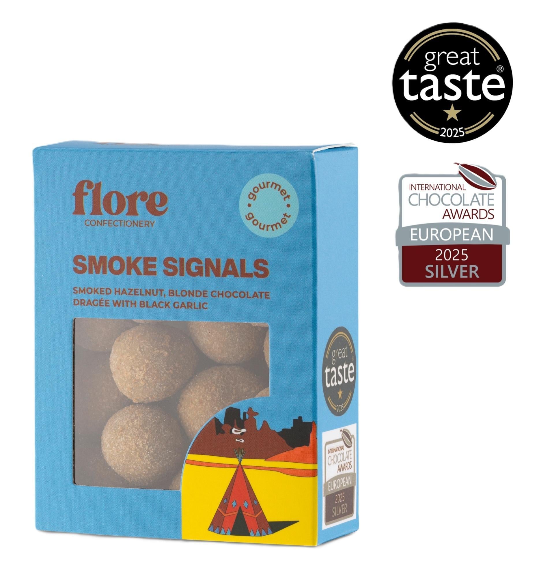 Flore Confectionery Füstjelek drazsé: Füstölt mogyoró, ét és szőke csokoládé drazsé