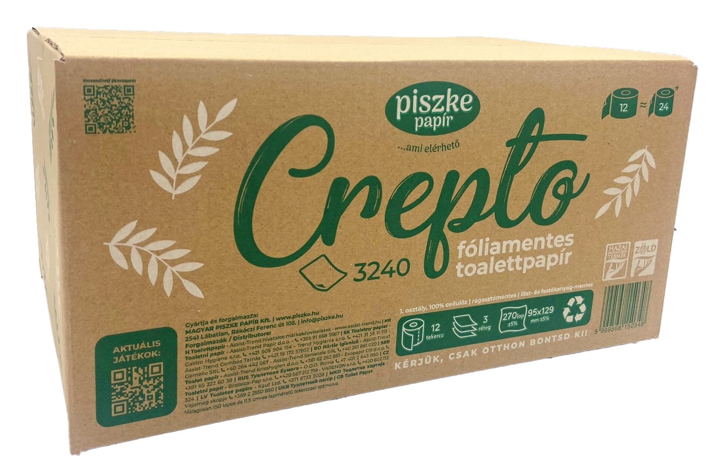 Crepto3240 fóliamentes, 3 rétegű wc papír, 12 tekercs