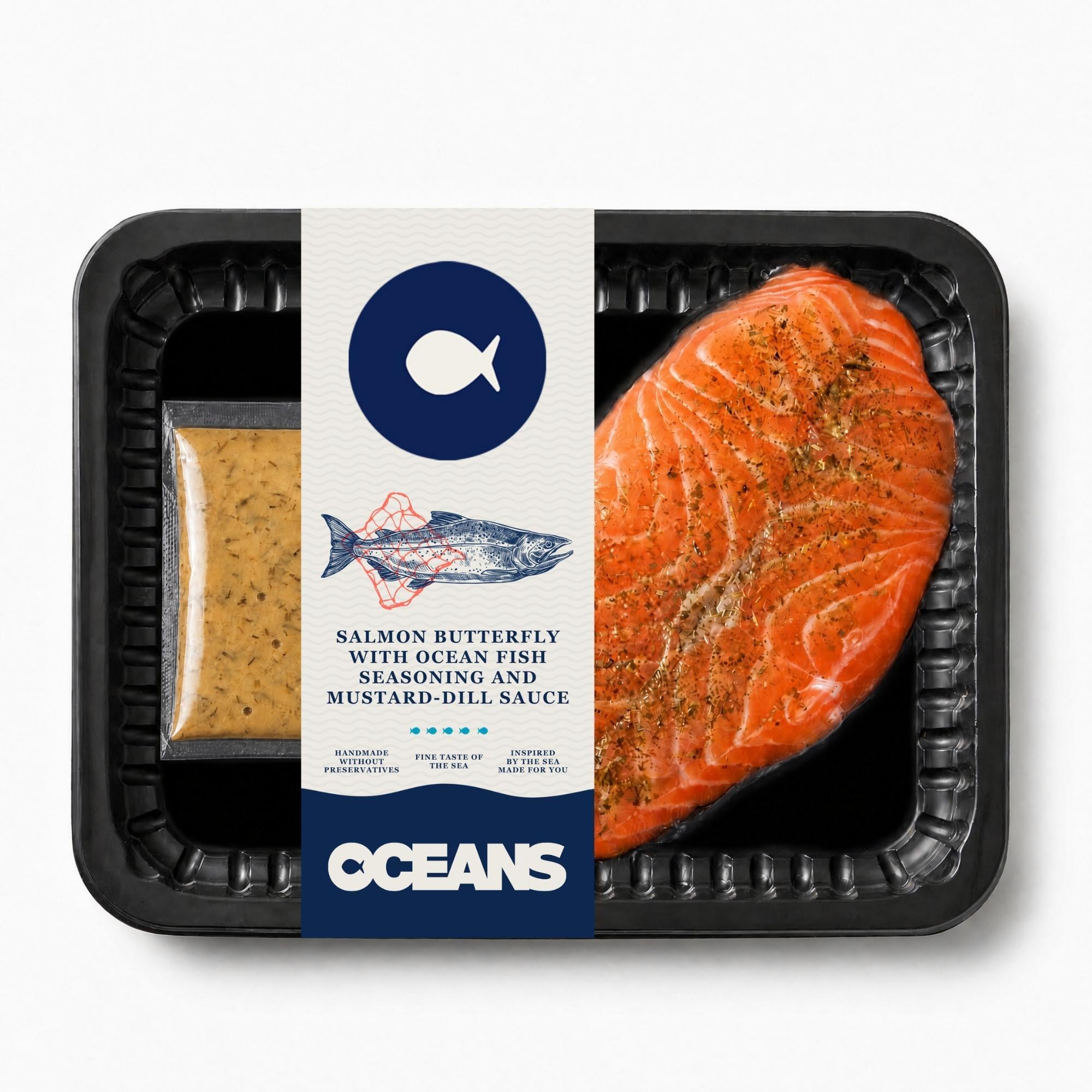 OCEANS Lazac pillangó (bőr nélkül) fűszerekkel és mustáros-kapros szósszal