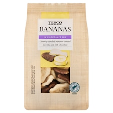 feldolgozott banánszeletek tej- és fehér csokoládé bevonatban 120 g