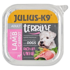 Julius-K9 teljes értékű állateledel felnőtt kutyák számára báránnyal terrine sárgarépával 150 g