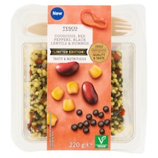 főtt kuszkusz saláta marinált piros paprikával, marinált vörösbabbal 220 g