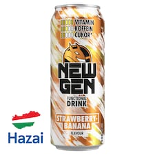 New Gen földieper- és banánízű, koffeintartalmú, szénsavas, alkoholmentes ital 500 ml