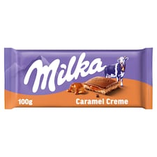 Milka alpesi tejcsokoládé karamellízű tejes krémtöltelékkel és karamellás töltelékkel 100 g