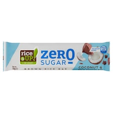 RiceUp! Zero Sugar puffasztott teljes kiőrlésű barna rizsszelet kókuszos ízű tejcsokoládéval 18 g