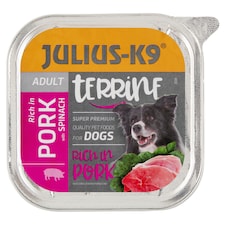 Julius-K9 sertésben gazdag terrine spenóttal teljes értékű állateledel felnőtt kutyák számára 150 g