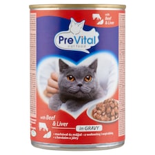 PreVital nedves macskaeledel, macskatáp felnőtt macskáknak marhával, májjal szószban konzerv 415 g