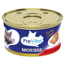 PreVital Mousse nedves macskaeledel, macskatáp felnőtt macskáknak marhával pástétom konzerv 85 g