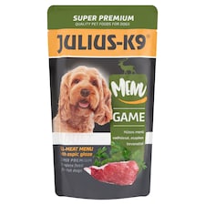 Julius-K9 húsos menü vadhússal, aszpikos bevonattal teljes értékű eledel kutyák számára 125 g