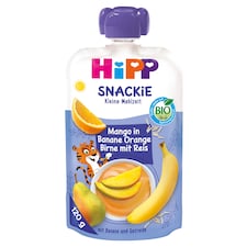 HiPP Snackie mangó banánban narancsban, körtében rizzsel bio gyümölcskészítmény 1 éves kortól 120 g