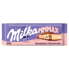 Milka alpesi tejcsokoládé sajttortaízű krémtöltelékkel, epres töltelékkel és keksszel 300 g