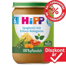 HiPP bio spagetti paradicsomszószban borsóval és borsófehérjével bébiétel 6 hónapos kortól 190 g