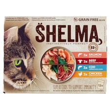 Shelma nedves macskaeledel felnőtt macskának gabonamentes párolt filé alutasakos macskatáp 12 x 85 g