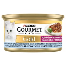 Purina Gourmet Gold Duó Élmény tengeri hallal szószban spenóttal nedves macskaeledel 85 g
