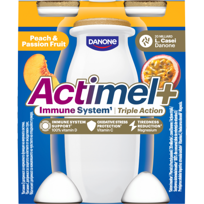 Danone Actimel+ őszibarack- és maracujaízű zsírszegény joghurtalapú ital 4 x 100 g (400 g)