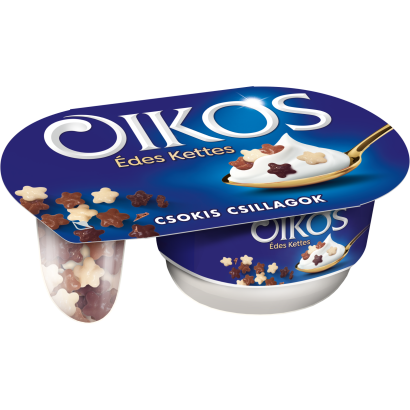 Danone Oikos Édes Kettes édesített joghurt vaníliaízű, csokoládéval bevont gabonacsillagokkal 102 g