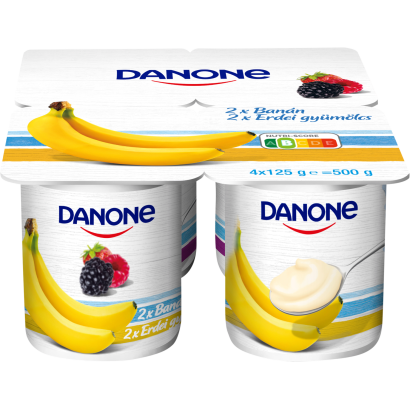 Danone banánízű és erdei gyümölcsízű élőflórás zsírszegény joghurt 4 x 125 g (500 g)