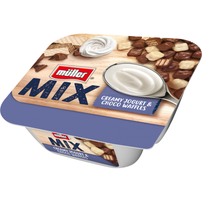Müller Mix joghurt tej- és fehér csokoládéval bevont kakaó- és tejkrémes ostya párnácskával 130 g