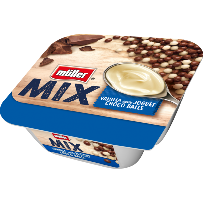 Müller Mix vanília ízesítésű joghurt csokoládéval bevont puffasztott rizsgolyókkal 130 g