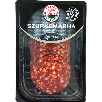 CSIKÓS CSÍPŐS SZALÁMI Szürkemarha és sertéshúsból  Füstölt, érlelés-szabályozóval készült penészmentes szalámi szeletelt, védőgázos csomagolásban 60g