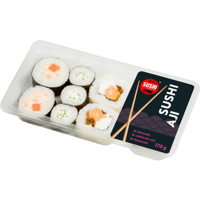 AJI sushi box Sushi válogatás szójaszósszal, pácolt gyömbérrel és wasabi ízű tormaszósszal 170g