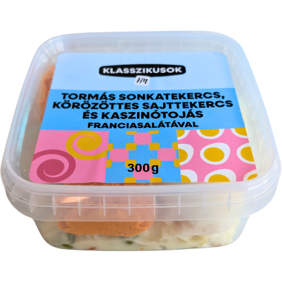 Kaszinótojás, tormás sonkatekercs, körözöttes sajttekercs franciasalátával 300g